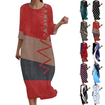 Women's Fashionable Printed Round Neck Seven Quarter Sleeve Loose Dress