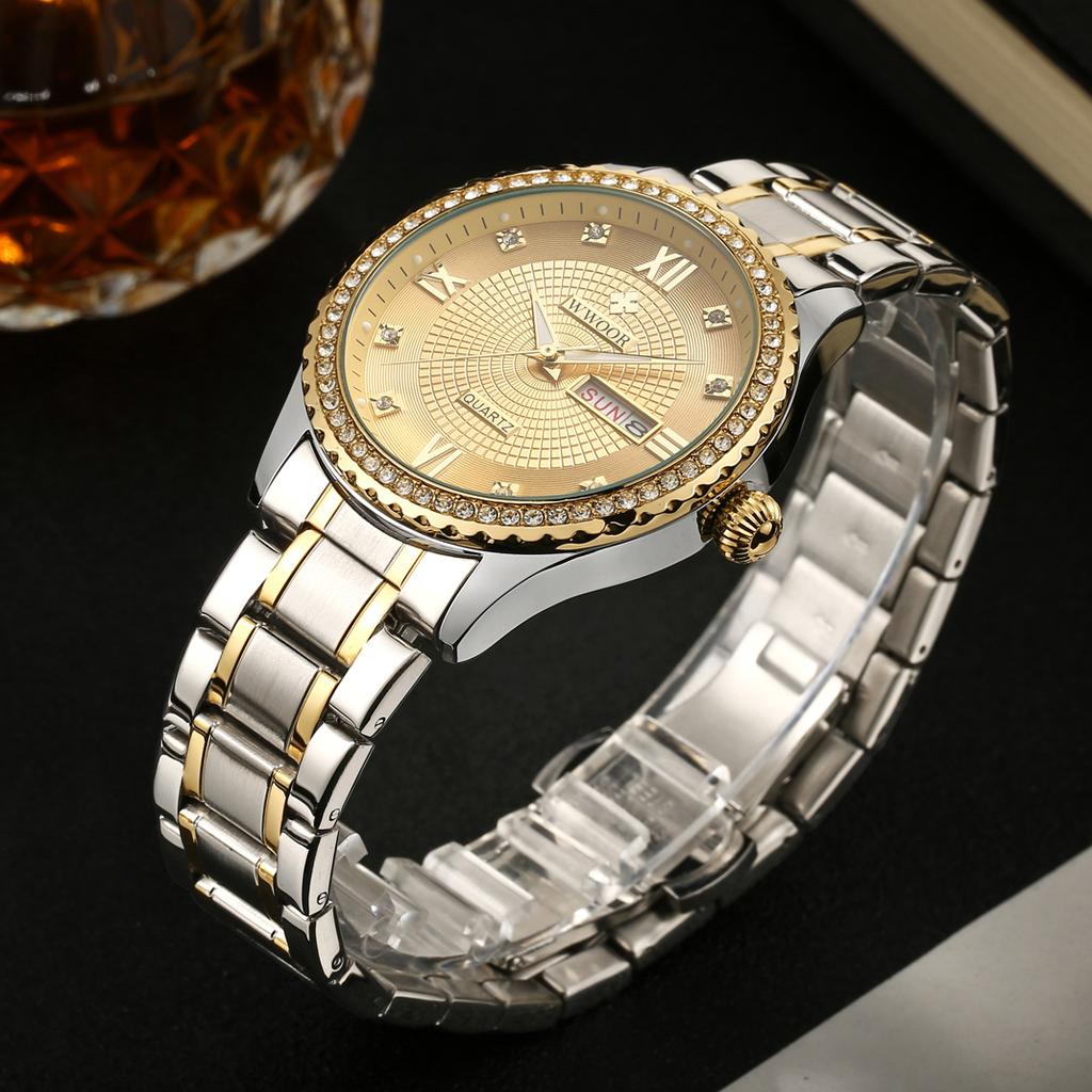 WWOOR Men's Watches Causal Fashion Original Quartz Watch for Man Waterproof Stainless Steel Luminous Date Week Trend Dress Reloj