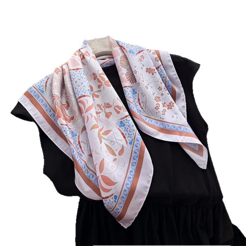 Oriental aesthetic simulation silk printing silk scarf small square scarf high-end shawl sunscreen neck scarf headscarf female