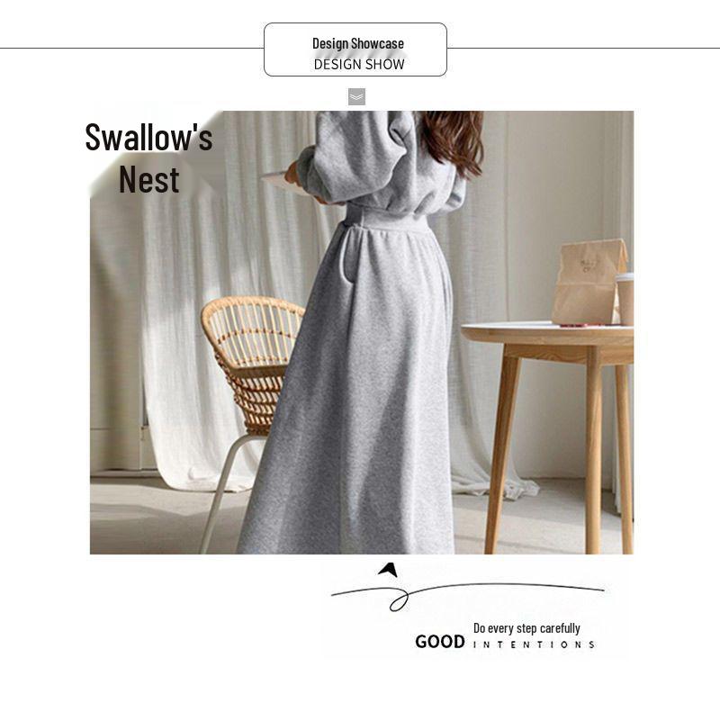 Autumn & Winter Plus Velvet Hoodie Dress: Ankle-Length, Waist-Cinched, Plus Size, Slimming Fit for Super Fairy Students