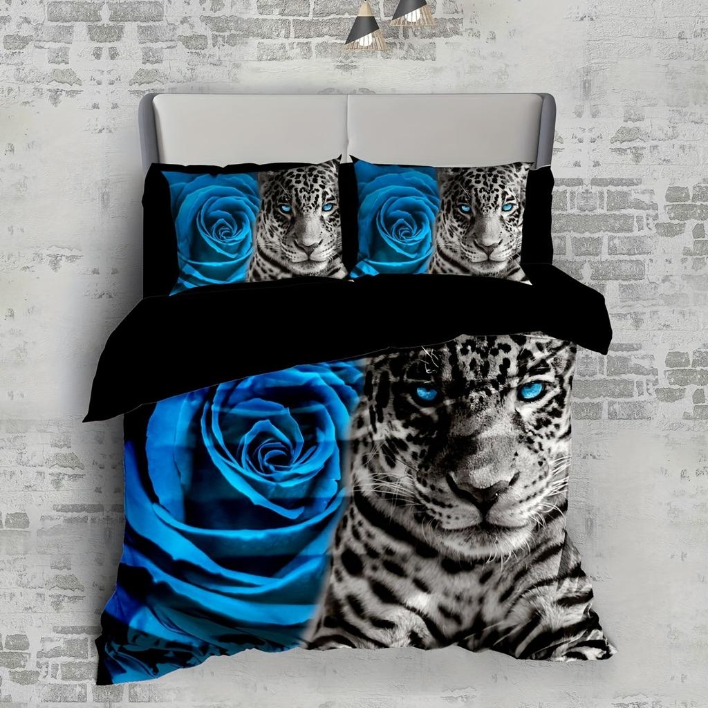 3-Piece Luxurious Leopard Romantic Rose Print Duvet Cover Set - Soft, Comfortable, and Hypoallergenic Bedding for Bedroom, Guest