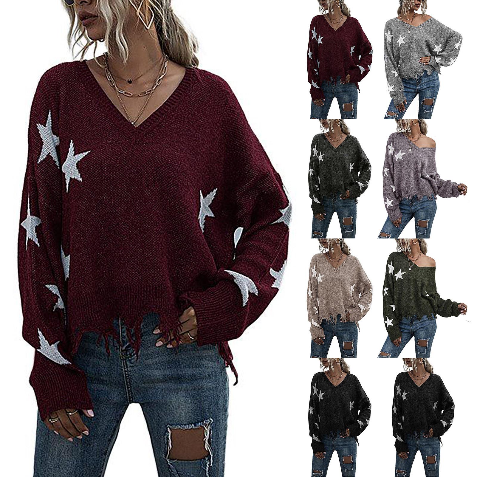 

Women Casual V-neck Sleeve Long Sleeve Tattered Top Sweater L