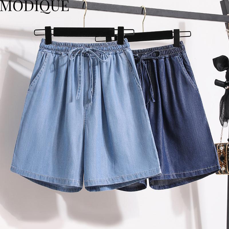 MODIQUE Women's Denim Shorts Summer Plus Size New Loose Casual Solid Color A-Line Denim Short Pant Female High Waisted Hotsweet Blue Trousers Blue