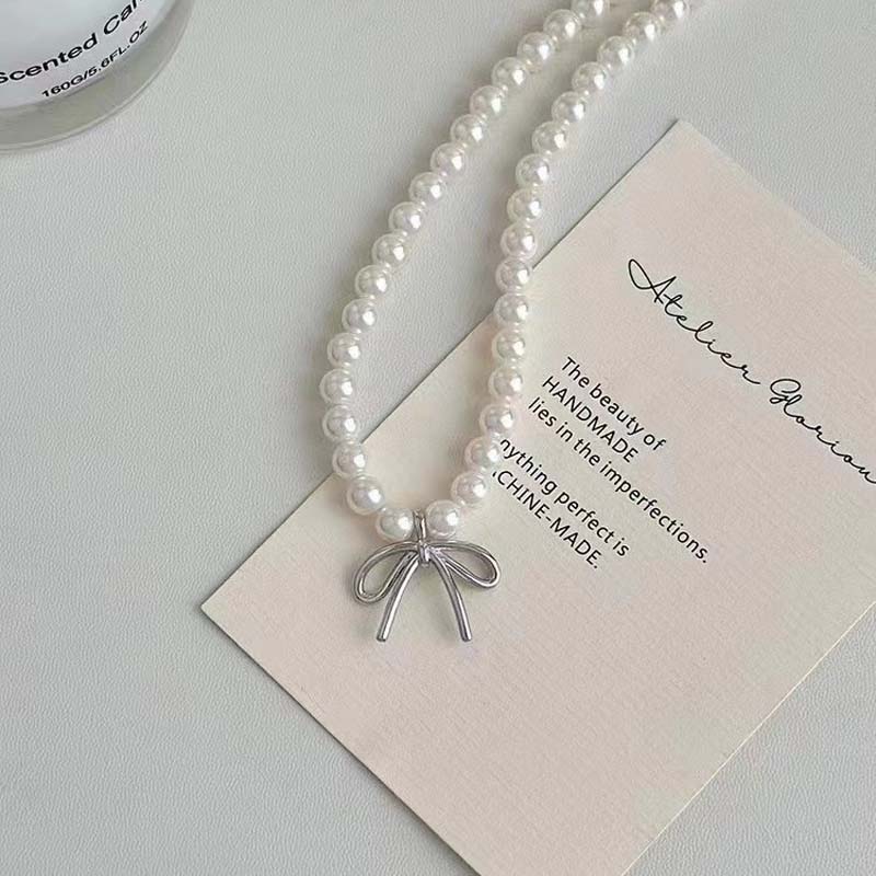 2024 New Trendy Ribbon Bow Pendant Necklace Earring Jewelry Set for Women Fashion Handmade Beaded Imitation Pearl Necklace