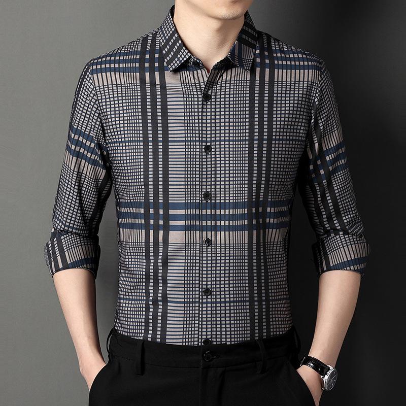 Spring and Autumn Thin Men's Middle-Aged People's Long Sleeve Shirt Plaid Casual Fashion Dad Wear Top