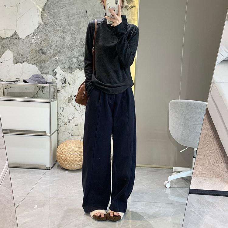 Soft Satin Denim: Women's Warm Wide-Leg Fleece Pants for Autumn/Winter - Stretchy, Thickened, Slimming, Straight Leg.