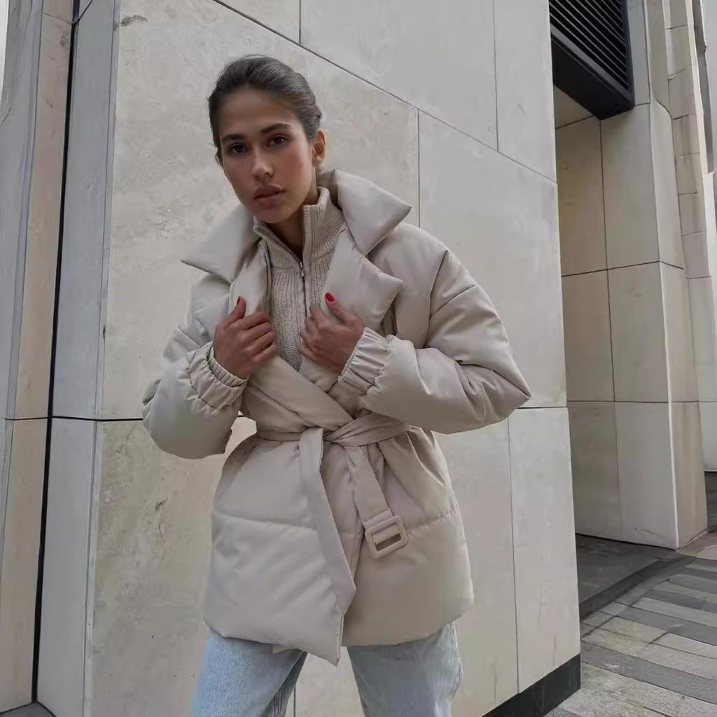 Winter New Thickened Lapel Waist-Tight Cotton Coat Women Slim Fit Solid Color Warm Padded Jacket Outerwear