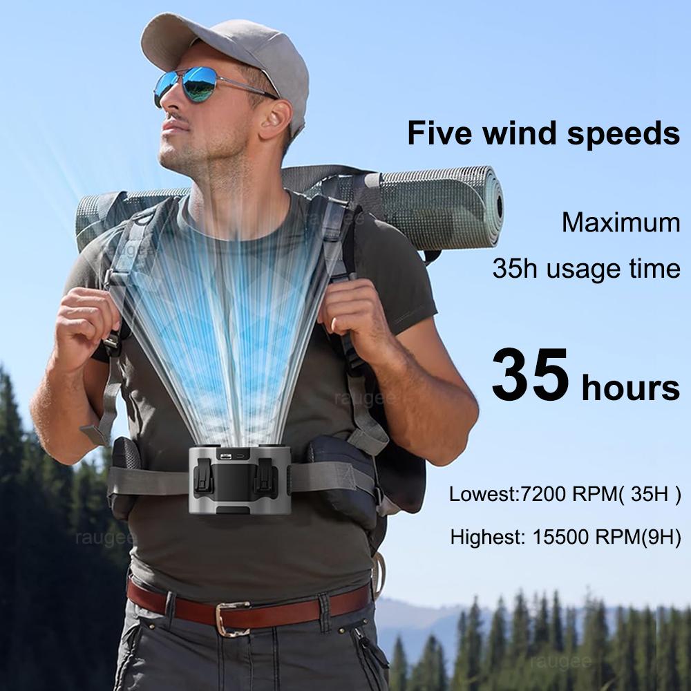 Portable Waist Clip Fan Wearable Mini USB Rechargeable Hanging Fan For Outdoor Working Double Air Outlet Waist Fan 20000Mah