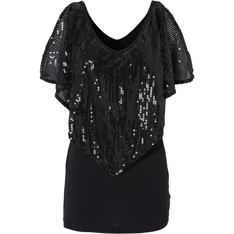 European And American Style Sequin V Neck Spliced Cotton Sexy V Neck Shawl Sleeve T-shirt Versatile Top Fashionable Women's T-shirt