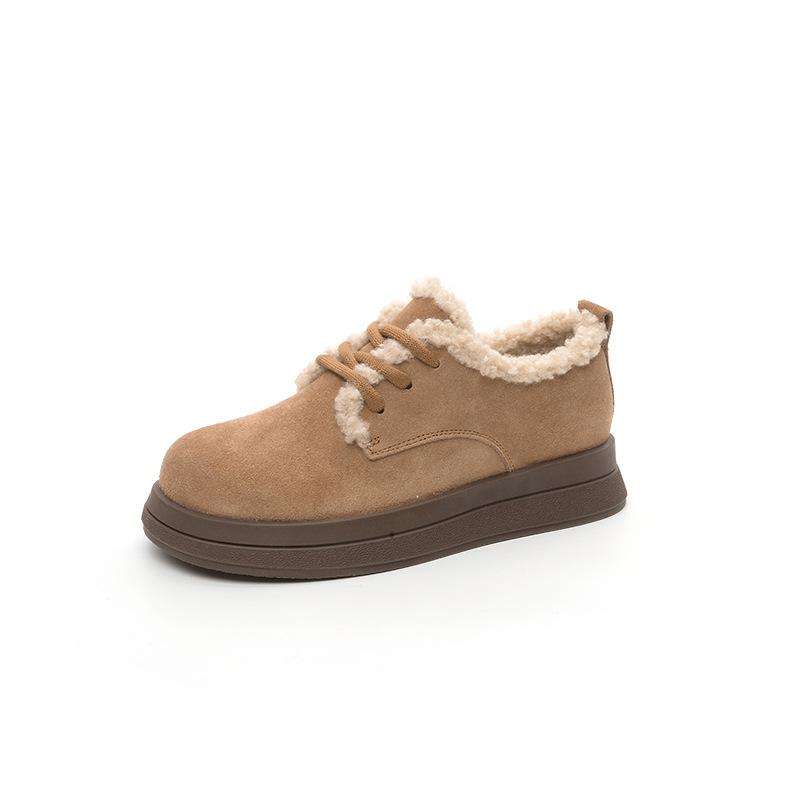 Buckle Women's Autumn and Winter Fur Integrated Cotton Shoes Thick Sole Heightening Round Head Retro Matte