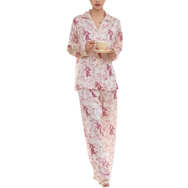 Internet-famous spring and autumn new ice and snow silk sweet floral women's high-luxury long-sleeve set loungewear pajamas