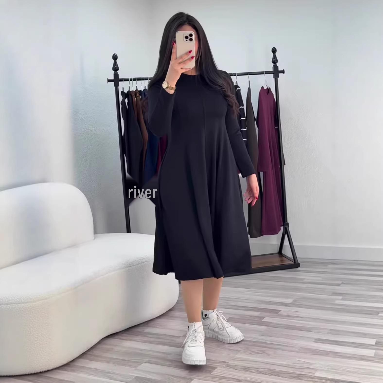 Elegant 2026 Solid Color Long Sleeve Waist-Cinching Casual Dress Small чёрный