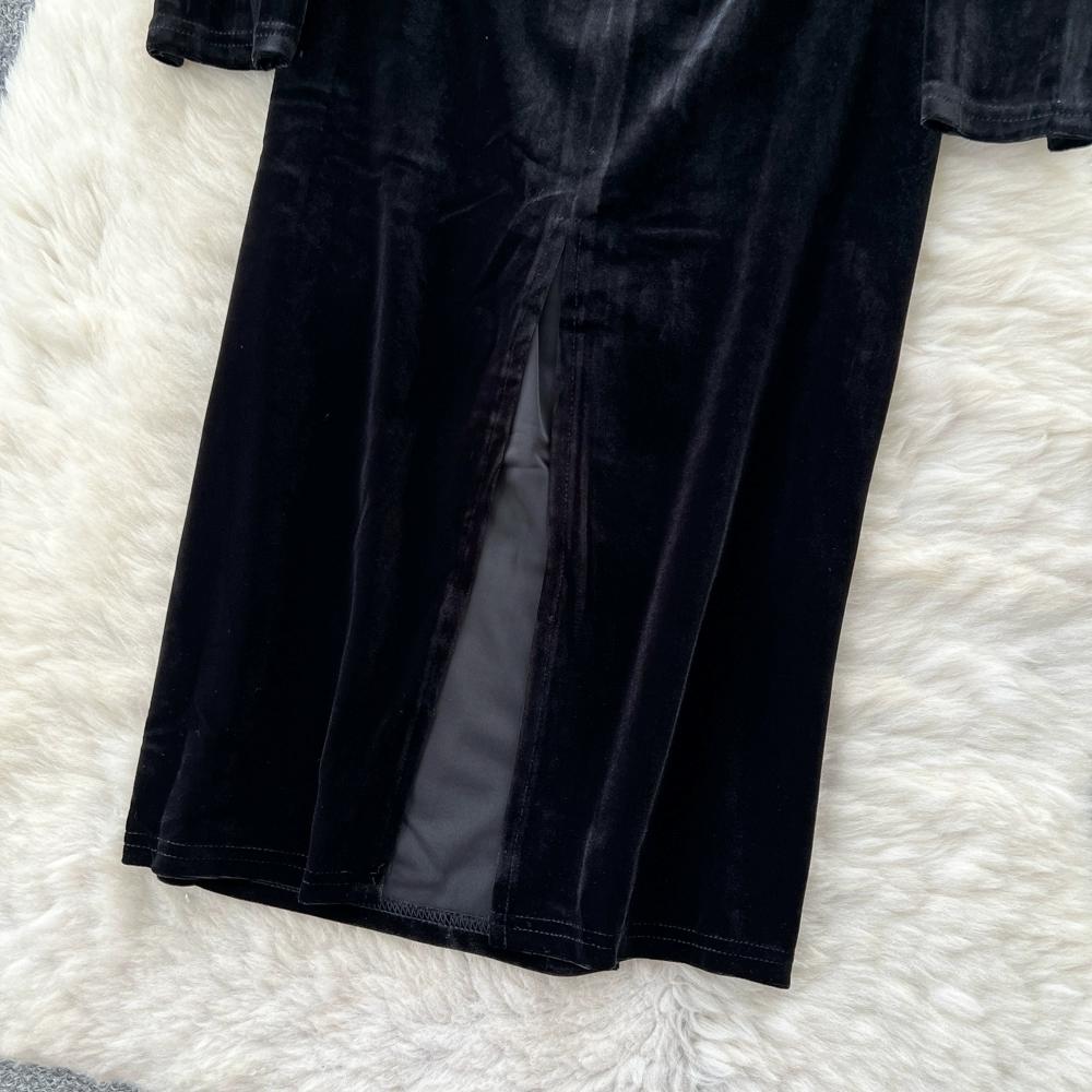 Herbst Winter Damen Vintage Hepburn Stil Perlenstickerei Schwarzer Samt Büroarbeit Slim Bodycon Bleistiftkleider