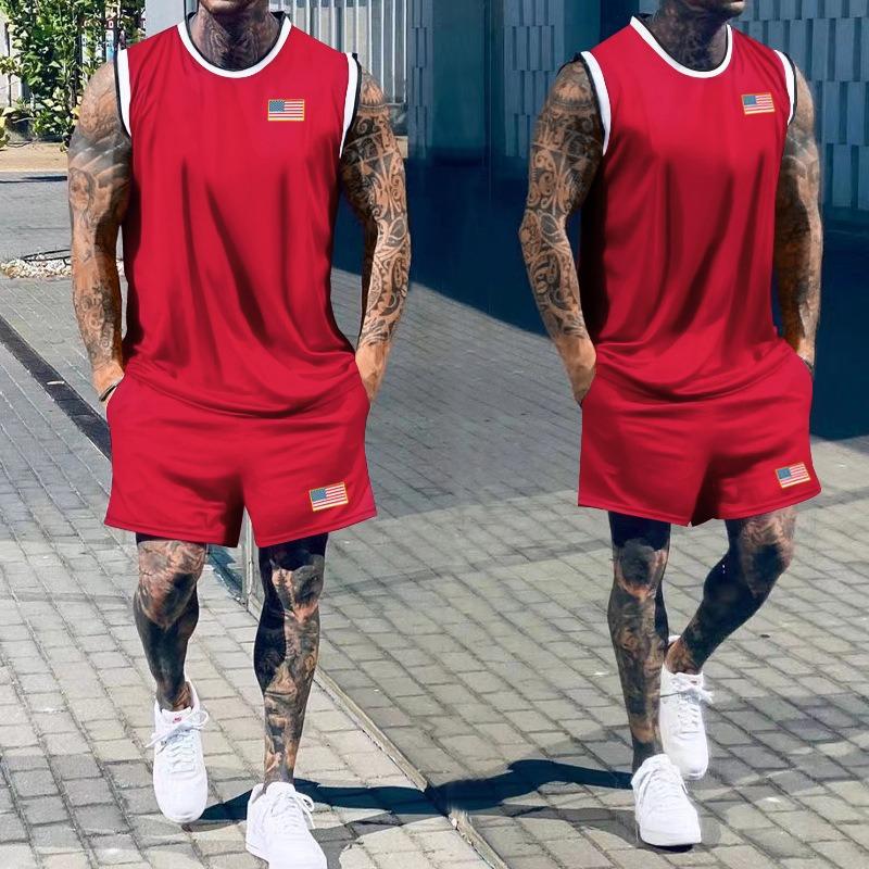 

Men s clothing, summer thin casual sports loose and breathable men s sleeveless shorts two-piece set XXXL бордовый