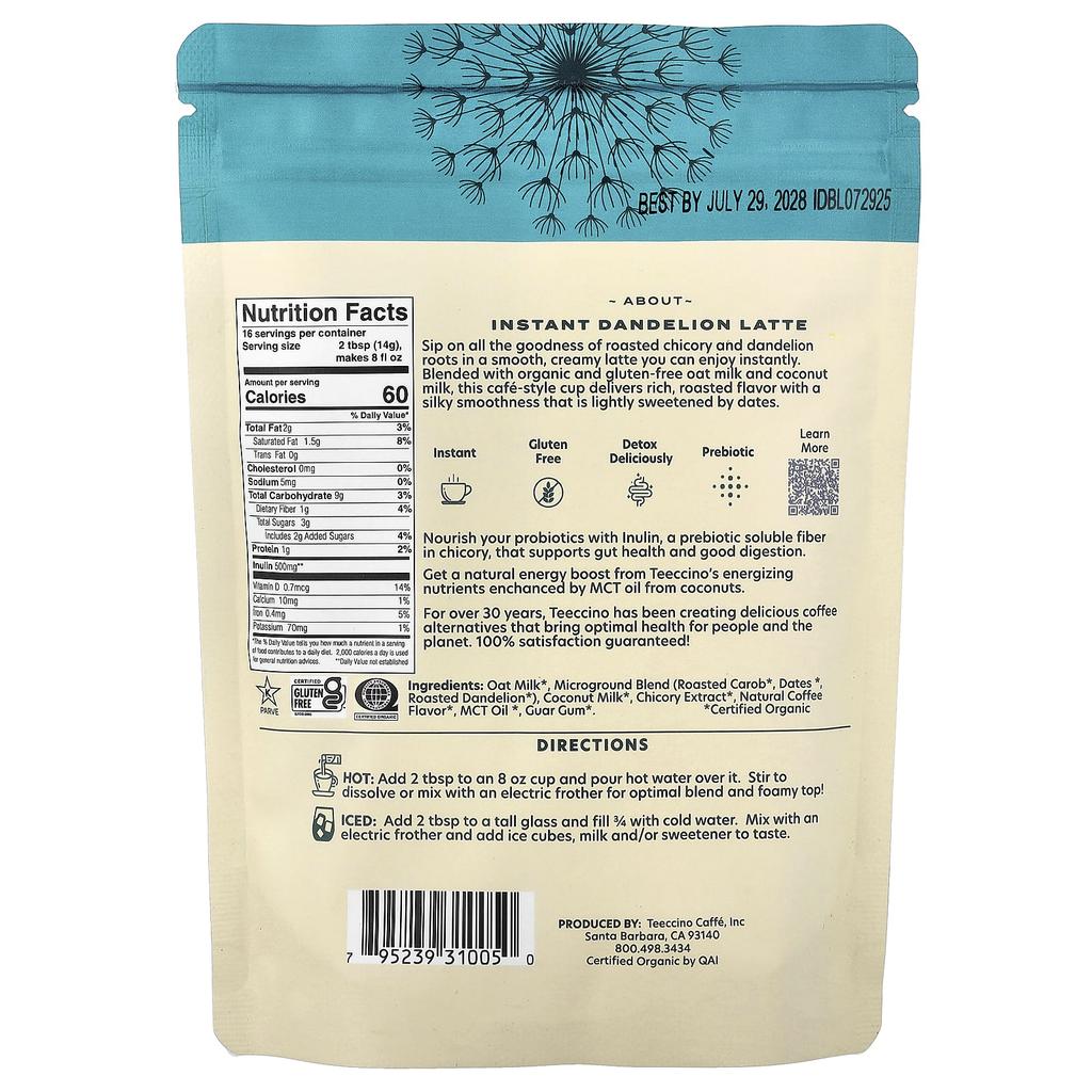 Teeccino, Instant Herbal Latte, Dandelion Blend, Caffeine Free, 7.9 oz (224 g)