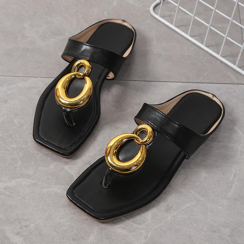 Fashionable Metal Buckle Square Toe Sandals Women's Summer New Open Toe Versatile Lazy Flat Women's Shoes