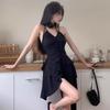 V Neck Y2k Women Dresses Solid Black Flowers Vintage Spring Summer Vestidos Mujer Fashion High Waist Sexy Mini Dress