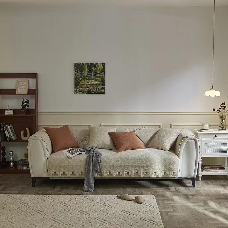 Роскошная однотонная хлопковая подушка для дивана в стиле ретро, ​​четырехсезонная ткань, высококачественный противоскользящий чехол для дивана с вышивкой и вышивкой 70x70cm белый/слоновая кость