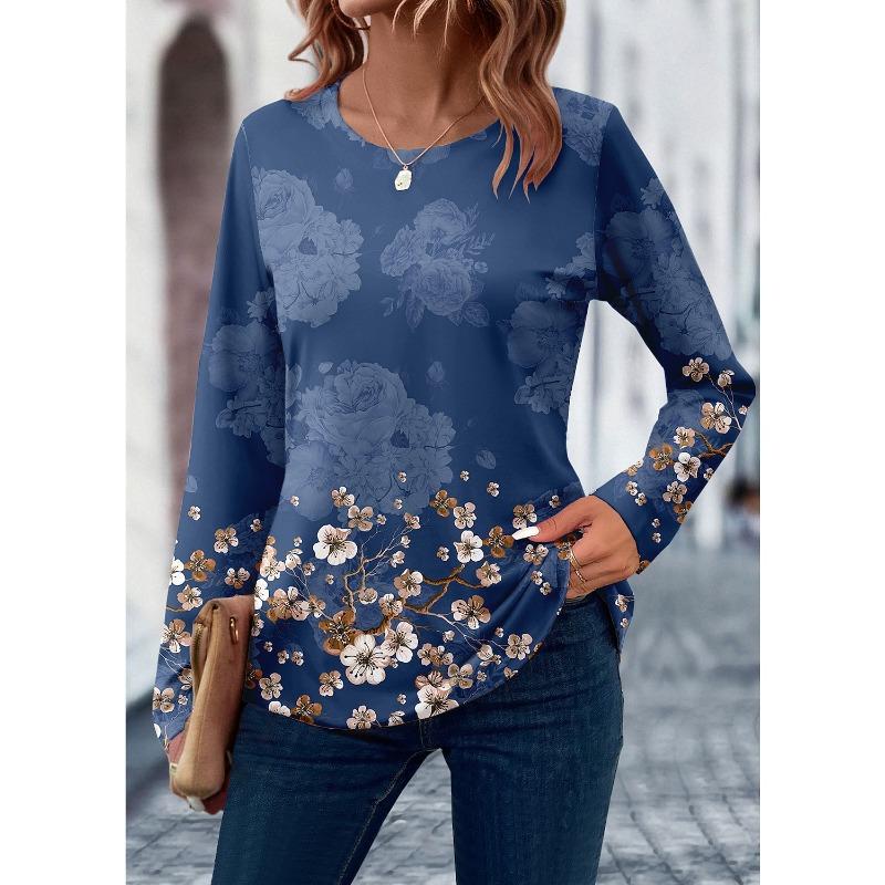 Women's T Shirt 3D Print Floral Leaf Design Long Sleeve Daily Weekend Fashion Round Neck Regular Fit Spring & Summer