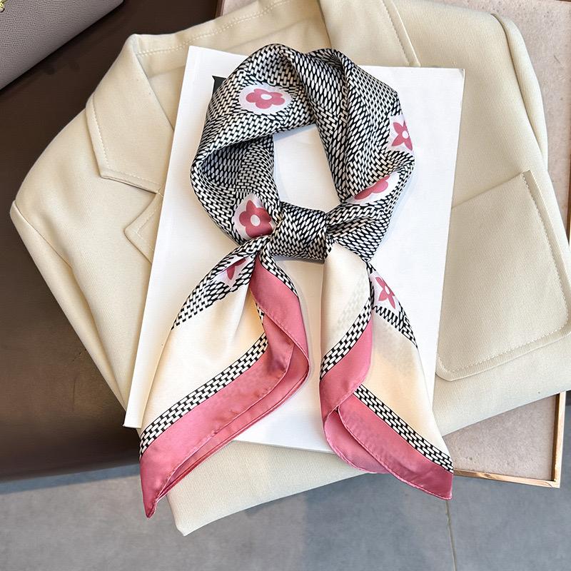 1Pcs 70Cm Plaid Floral Silk Scarf For Women, Imitation Silk Simple And Versatile Headwear Bag Decoration Clothing Square Scarf