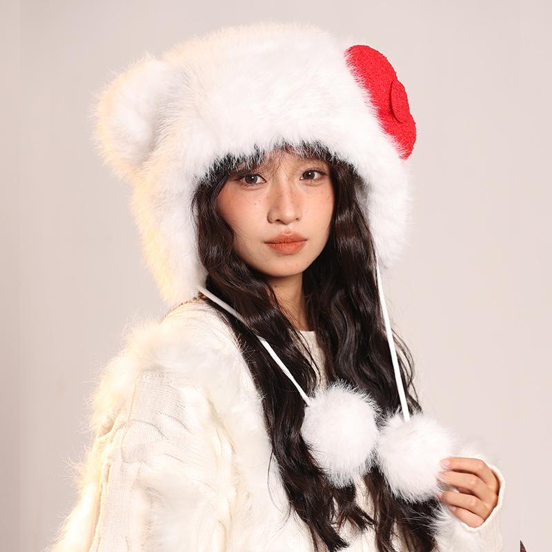 Red Bow Hat for Women Cute Animal Fashion Warm Plush Hat Autumn and Winter New Cartoon Ear Protection Lei Feng Hat