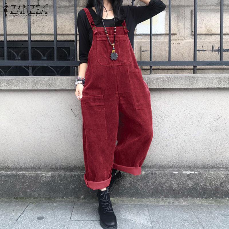 ZANZEA Spring Autumn Vintage Corduroy Jumpsuits Women Loose Casual Dungaree Straps Overalls