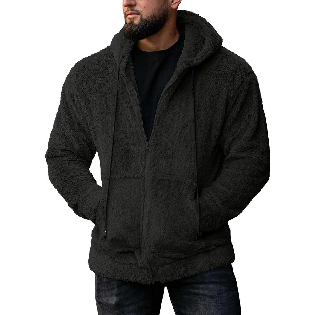 Fall Winter Men'S Hoody Coat Double Sided Plush Casual Loose Thermal Hooded Jackets Solid Color Zipper Pocket Jackets