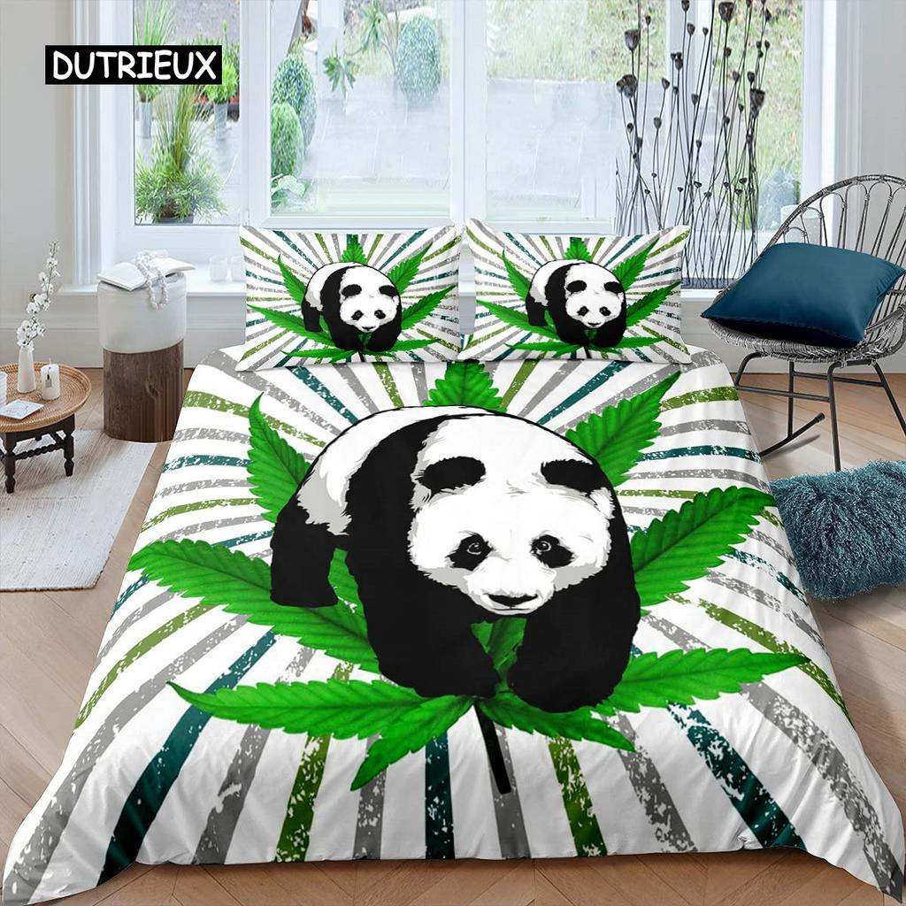 Panda Duvet Cover Set Cherry Blossoms Cute Animal Bedding Set Flower Branches Cartoon Double Queen King Polyester Quilt Cover