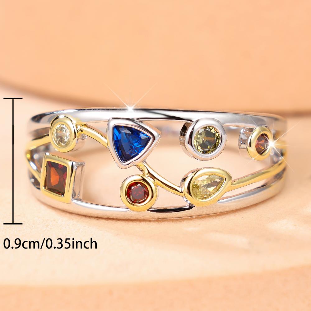 Two-Tone Geometric Multi-Color Stone Ring Silver & Gold Open Band Triangle Square CZ Fashion Jewelry Gift for Women