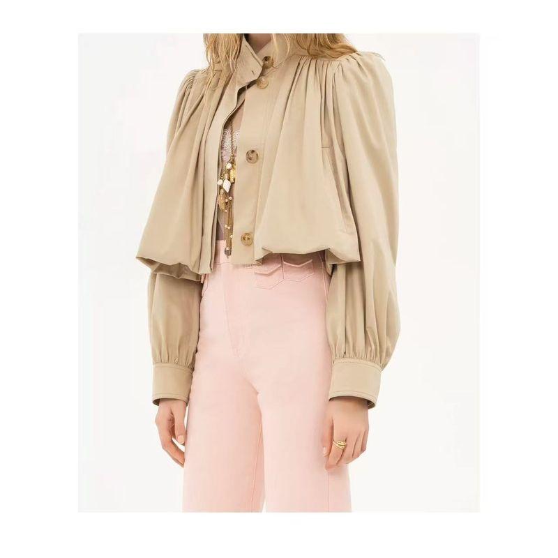 Counter Same Zbzr Autumn New Women clothes Western Style Fashion Stand Collar Lantern Sleeve Pleat Design Sense Top