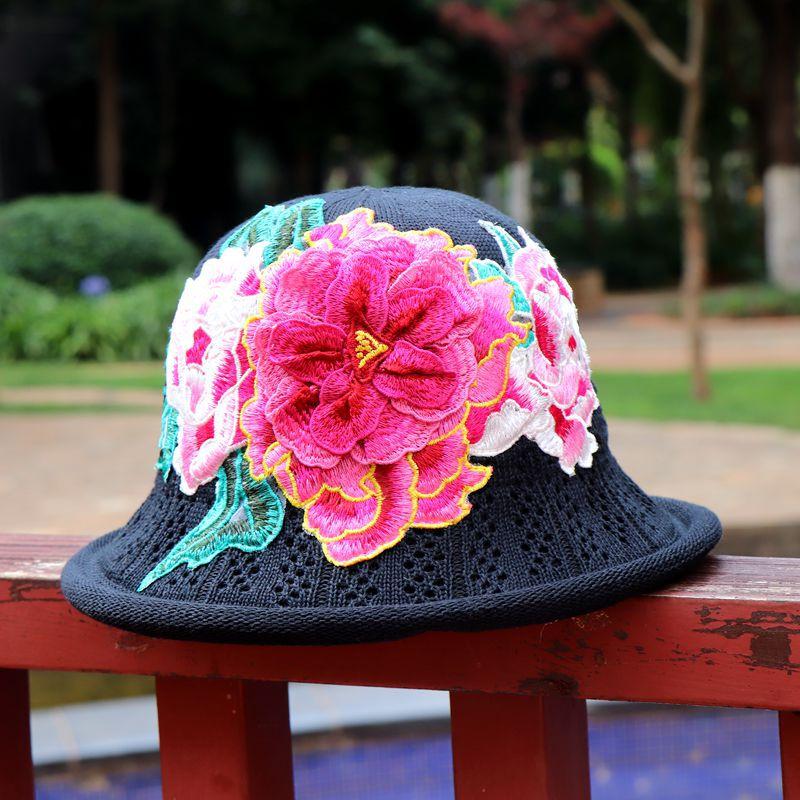 Vår og sommer etnisk vind broderi blomst sammenleggbar hatt dame strikkelue sandbøttehatt