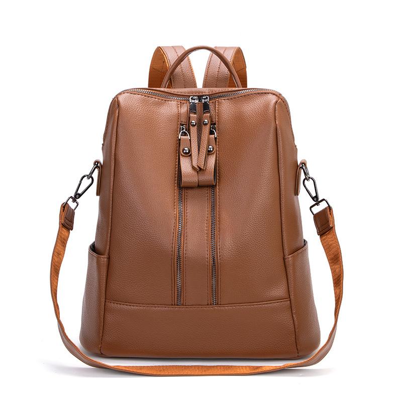 Women's PU Backpack Double Zipper Solid Color Retro Large Capacity School Bag Multifunctional Shoulder Bag