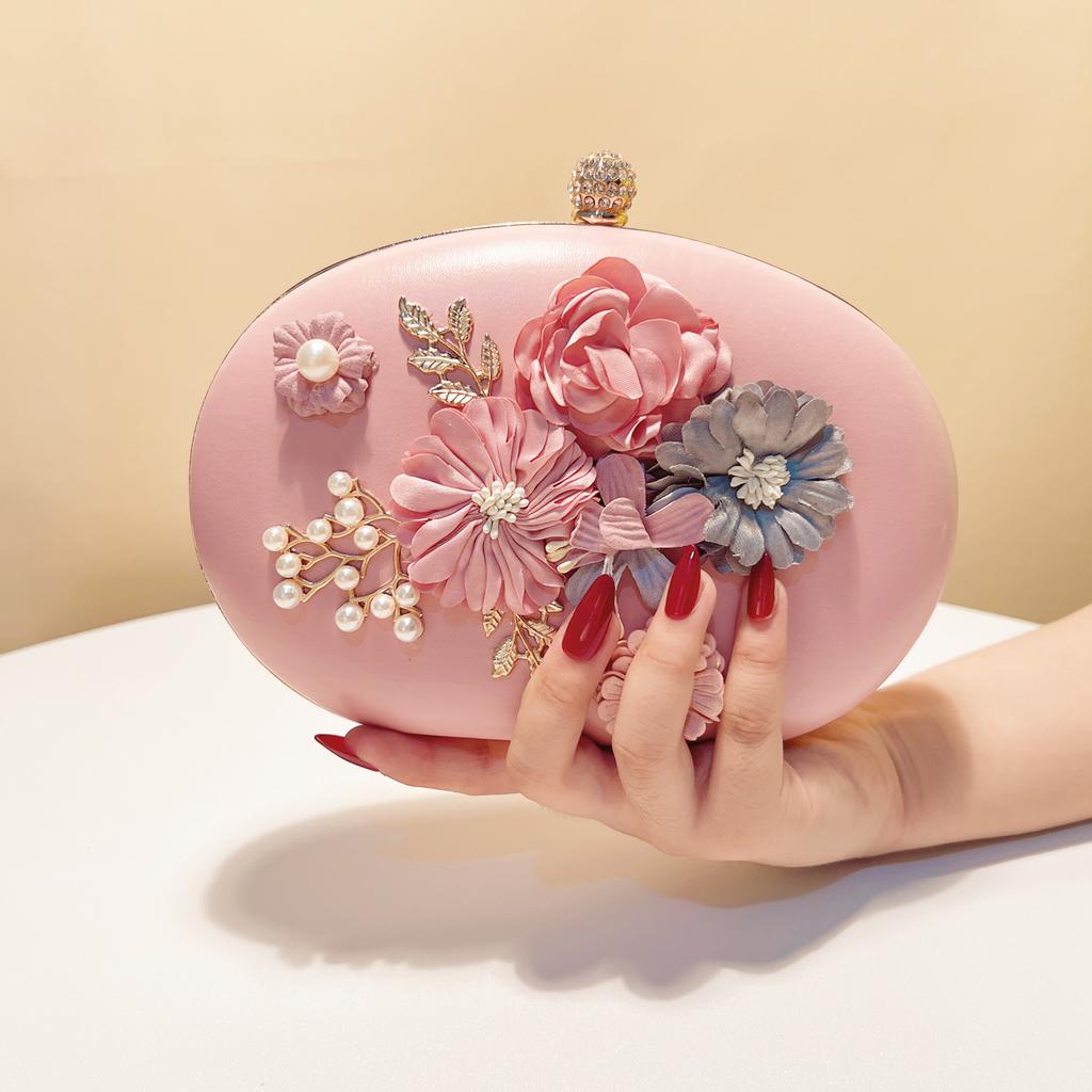 Flower Evening Bags Pink Color Women Small Clutch Purse With Chain Shoulder Flap Design Diamonds Beading Box