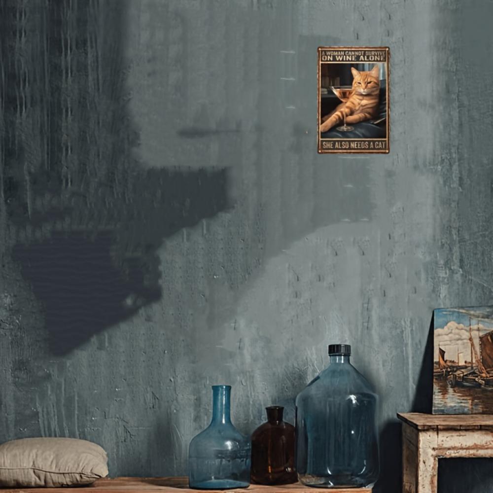 Komik Kedi ve Şarap Sözü Metal Tabela - 12x8 İnç Vintage Teneke Duvar Sanatı, Tuhaf Cazibe, Mutfak/Oturma Odası/Bar için Rustik Dekor