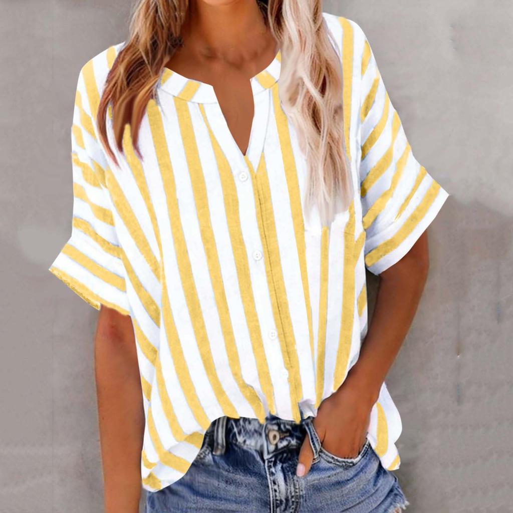 Women's Fashion Loose-Fit V-Neck Button-Down Striped Contrast-Color Short-Sleeve Shirt