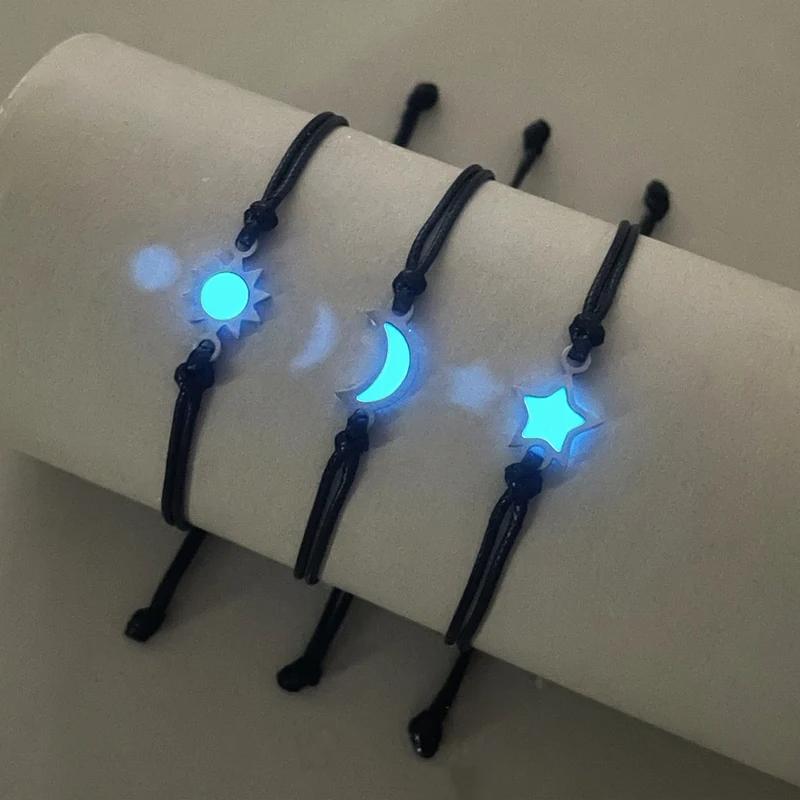 3PCS Glow in Dark Sun Moon Star Bracelet Set Handmade Woven Rope Trendy Jewelry Couple Accessories