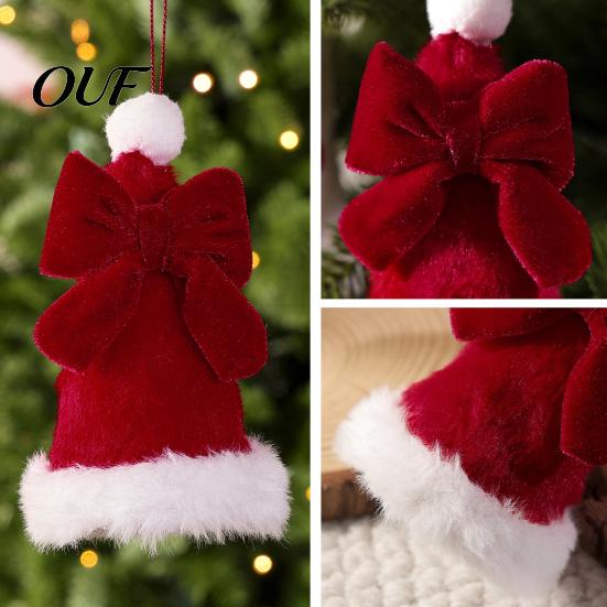 Christmas Tree Branch Pendants Plush Santa Hat Ornament with Bow Decor, Xmas Hanging Pendant Fabric Gift Box Toppers Lanyard for Holiday Decoration,