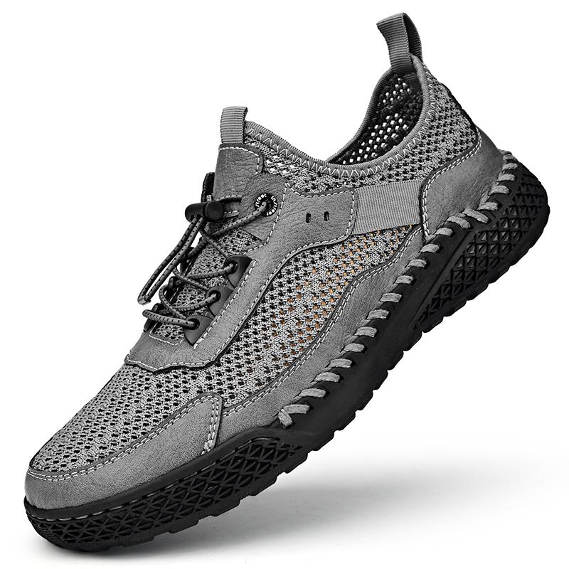 

FashionMen Luxury Brand Mens Breathable Sneakers Lace-Up Men Casual Footwear Hollow Out Male Hiking Shoe Leather Fashion Outdoor Flats 46 серый