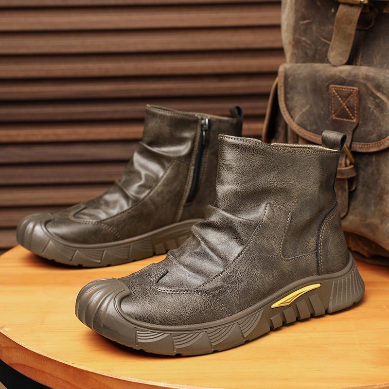 Men's New Fashion Black Fleece-lined Martin Boots, Versatile Comfortable Wear-resistant Leather Boots for Autumn and Winter