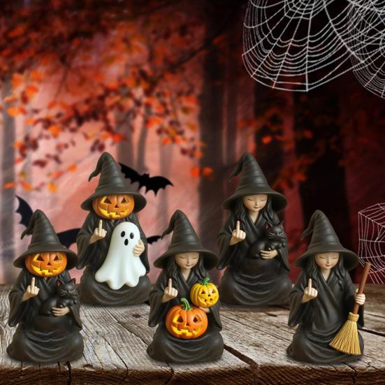 Halloween Ornament Dark Humor Witchcraft Vibe Creepy Witch Statue Black Robe Cat Themed Resin Home Decor