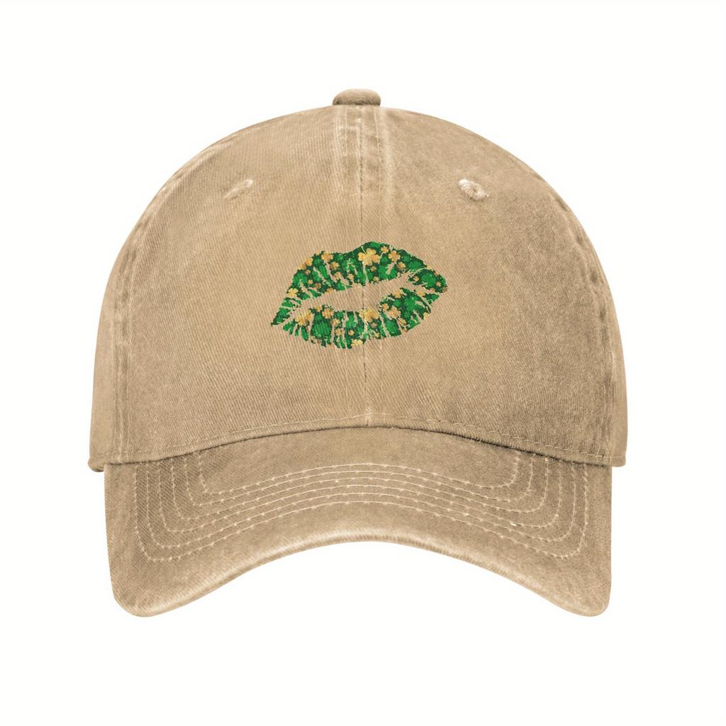 St Patricks Day Lips Print Washed Baseball Cap Vintage Casual Adjustable Cotton Hat Unisex