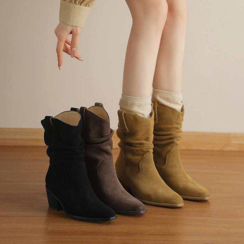 New versatile large-size women's boots solid color medium heel comfortable women's leather boots sleeve genuine leather Martin boots cowhide medium b
