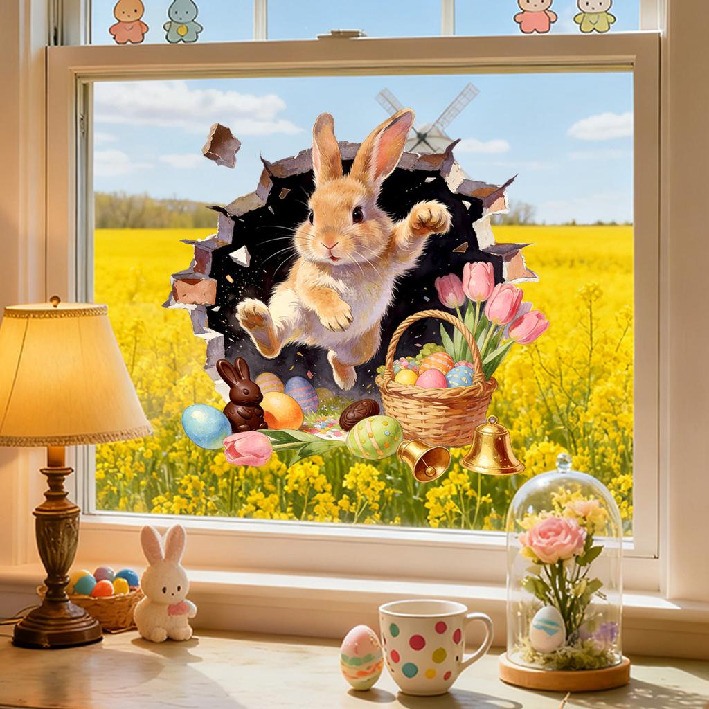 Easter Window Stickers, Creative Cute Floral Bunny Eggs Decor, Static Cling Glass Decals for Bedroom Living Room Holiday Decoration