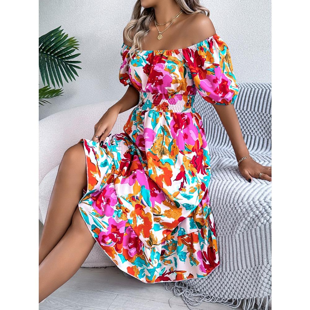 Rochie Florală de Damă Rochie Casual Florală cu Gât Pătrat Mânecă Scurtă cu Volan în Talie Rochie A-Line Rochii Largi