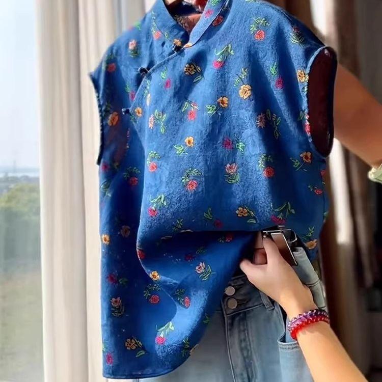 

Универсальный темпераментный топ с воротником-стойкой, короткими рукавами и диагональной планкой, рубашка-топ M [Recommended below 50kg]