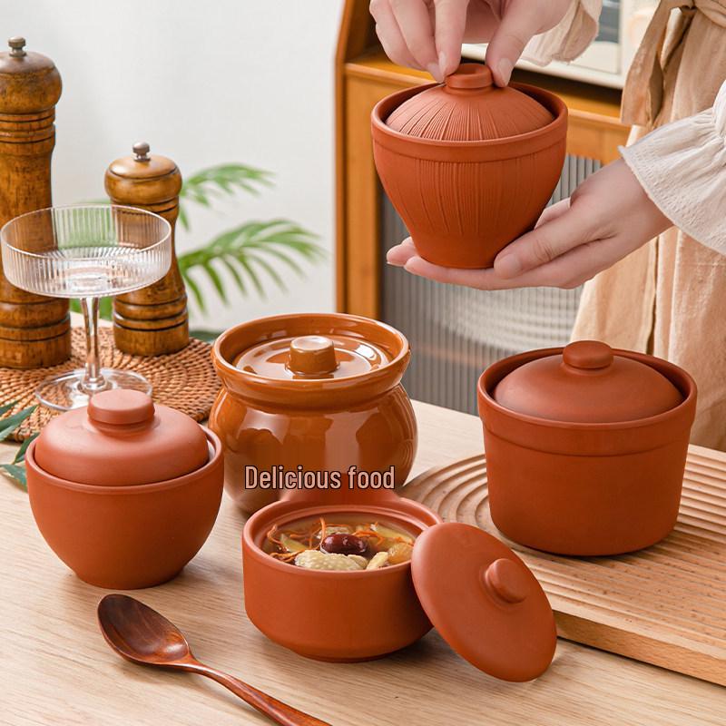 Purple Clay Double-Boiler Stew Pot with Lid - Chinese Retro Health Pot for Stews, Soups, and Steamed Eggs.