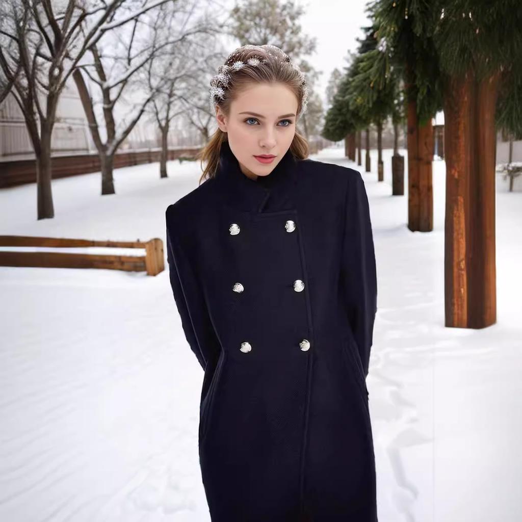 European and American Autumn and Winter Long Lapel Thin Solid Color Slim Women's Woolen Coat Coat