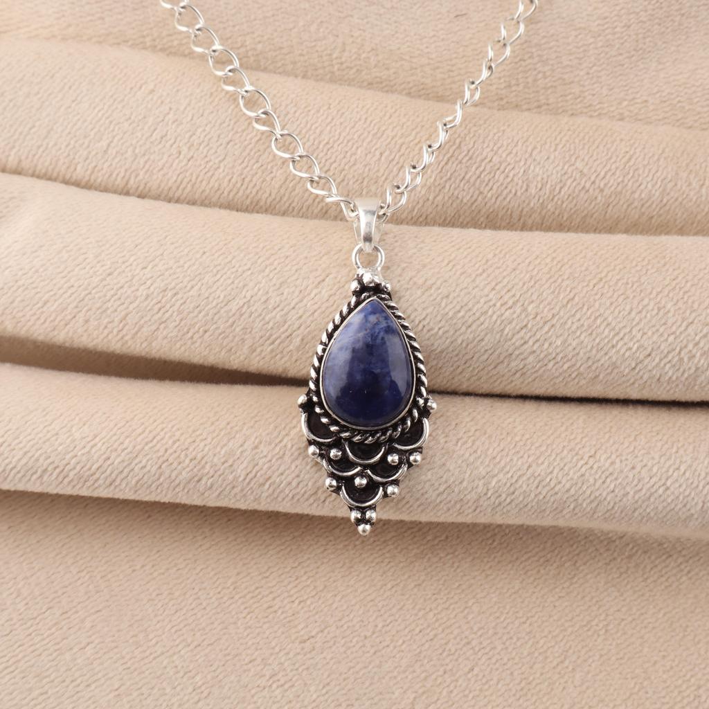 Sodalite Gemstone 925 Sterling Silver Statement Pretty Pendant 1.5" For Women PP-70-31
