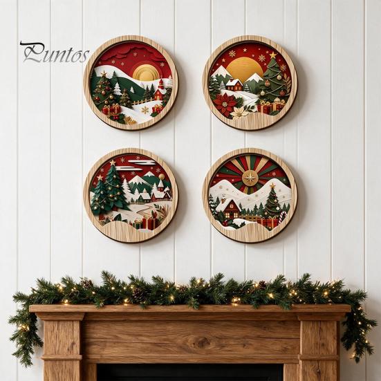 Living Room Wall Ornament Round Wooden Winter Mountain Art with 3D Layered Snow Scenery for Holiday Nature Inspired Home Decor Decor, Rustic Christmas