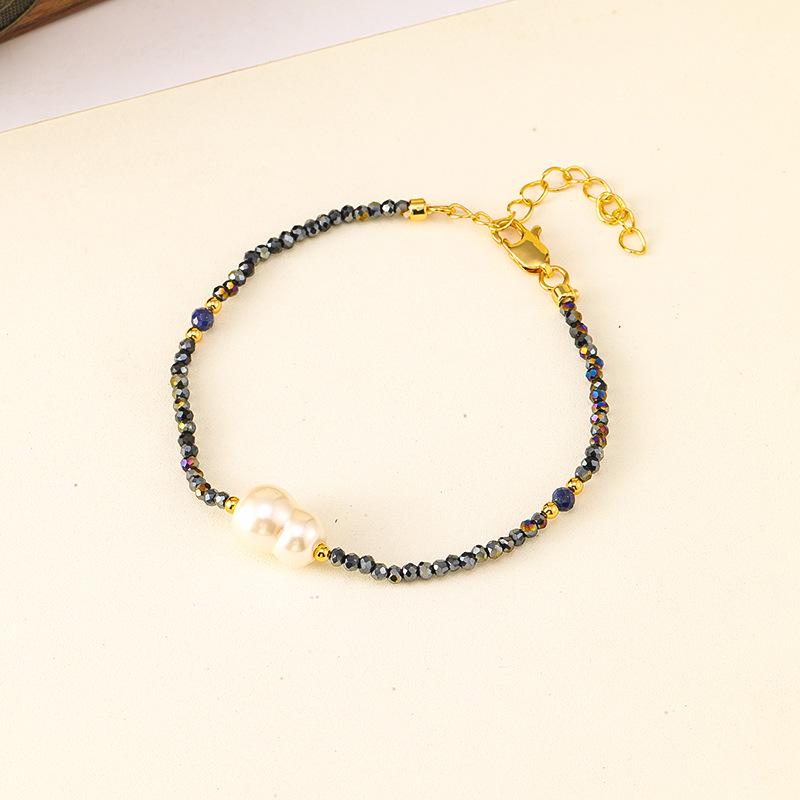 

Комплект ожерелья и браслета из черной шпинели и жемчуга ручной работы для женщин